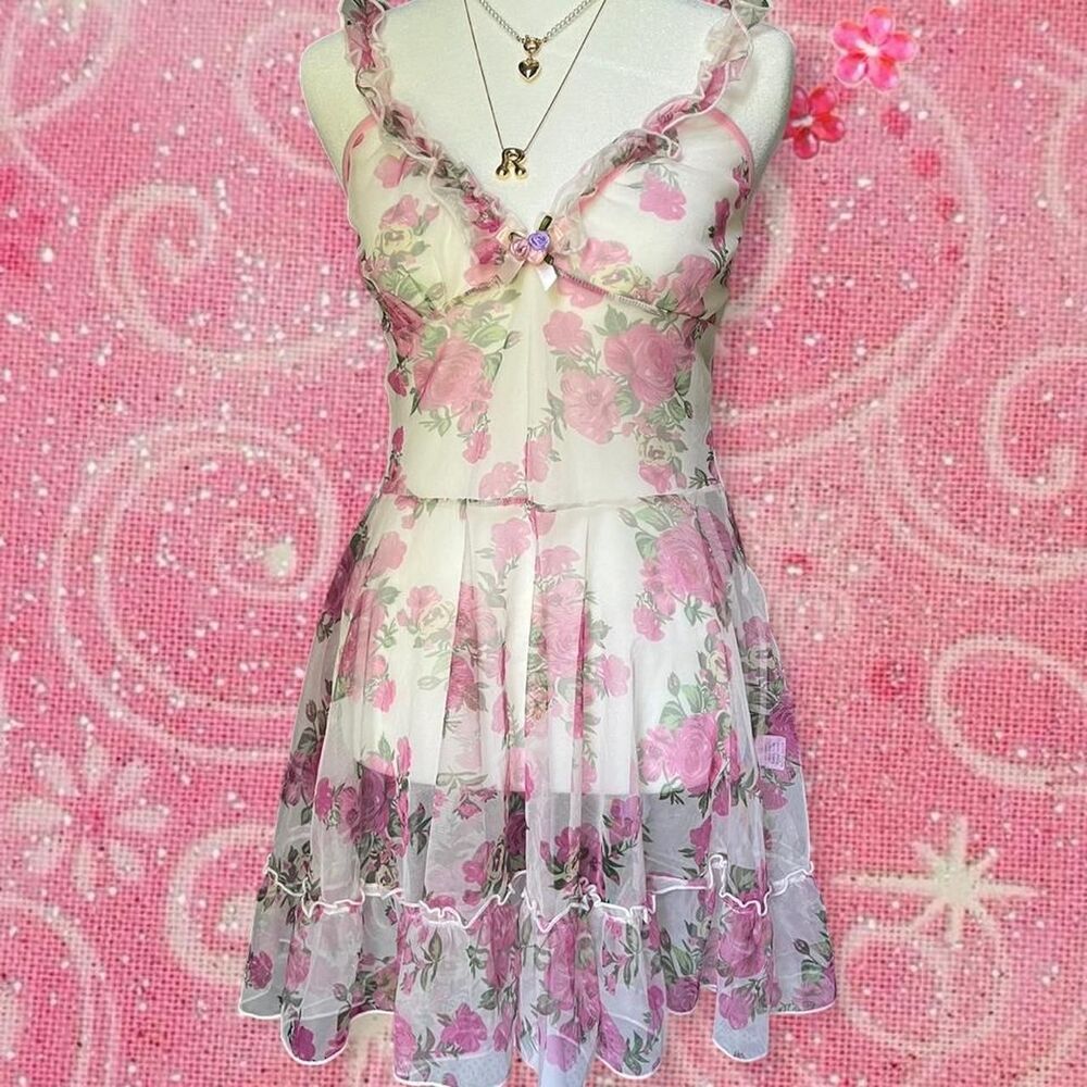 Pink Floral Sheer Babydoll Slip Dress with Ruffles and Bow Detail